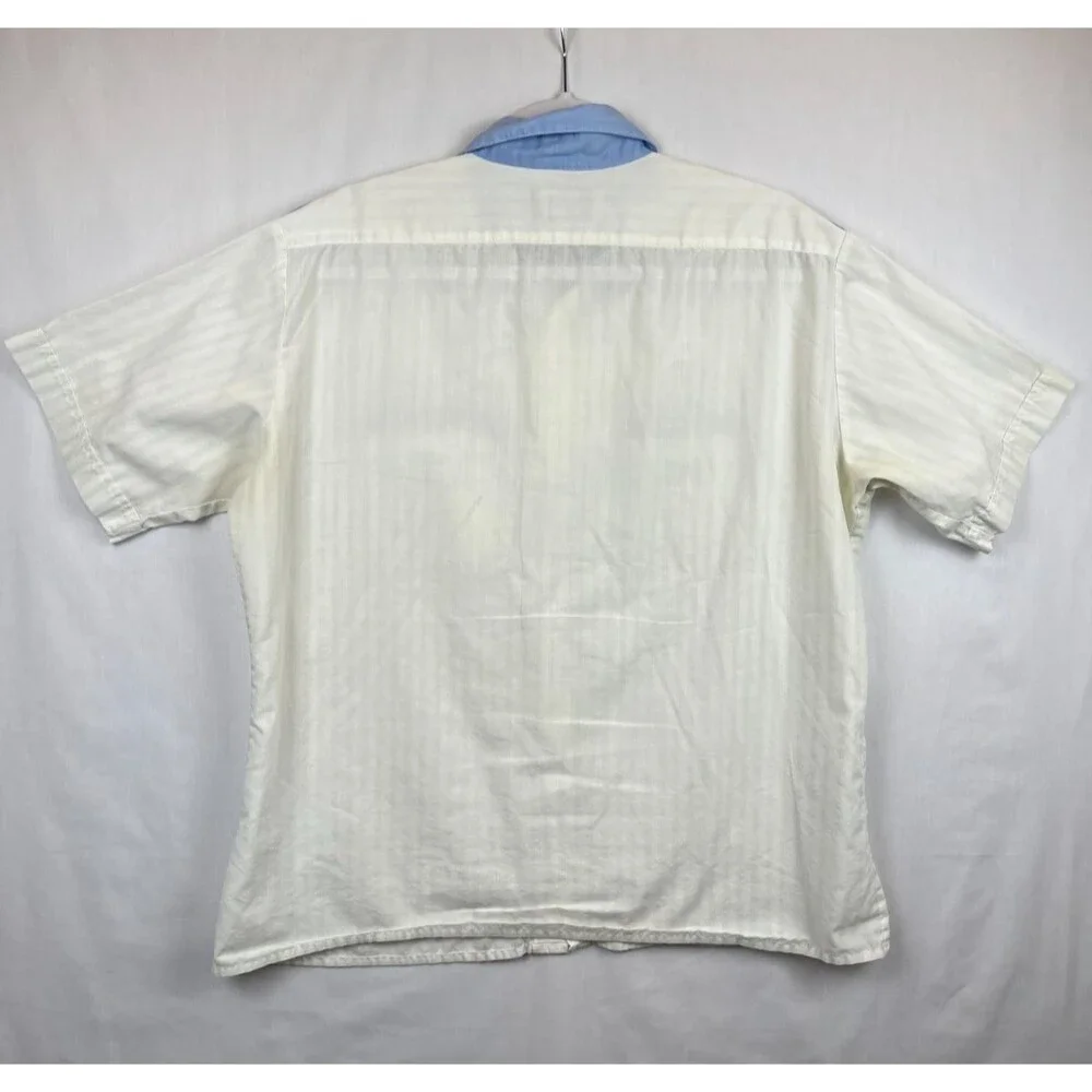 Vintage Blair Shirt Mens Button Up SS Shoulder Tabs White Blue Pockets (Stained) - Picture 2 of 11